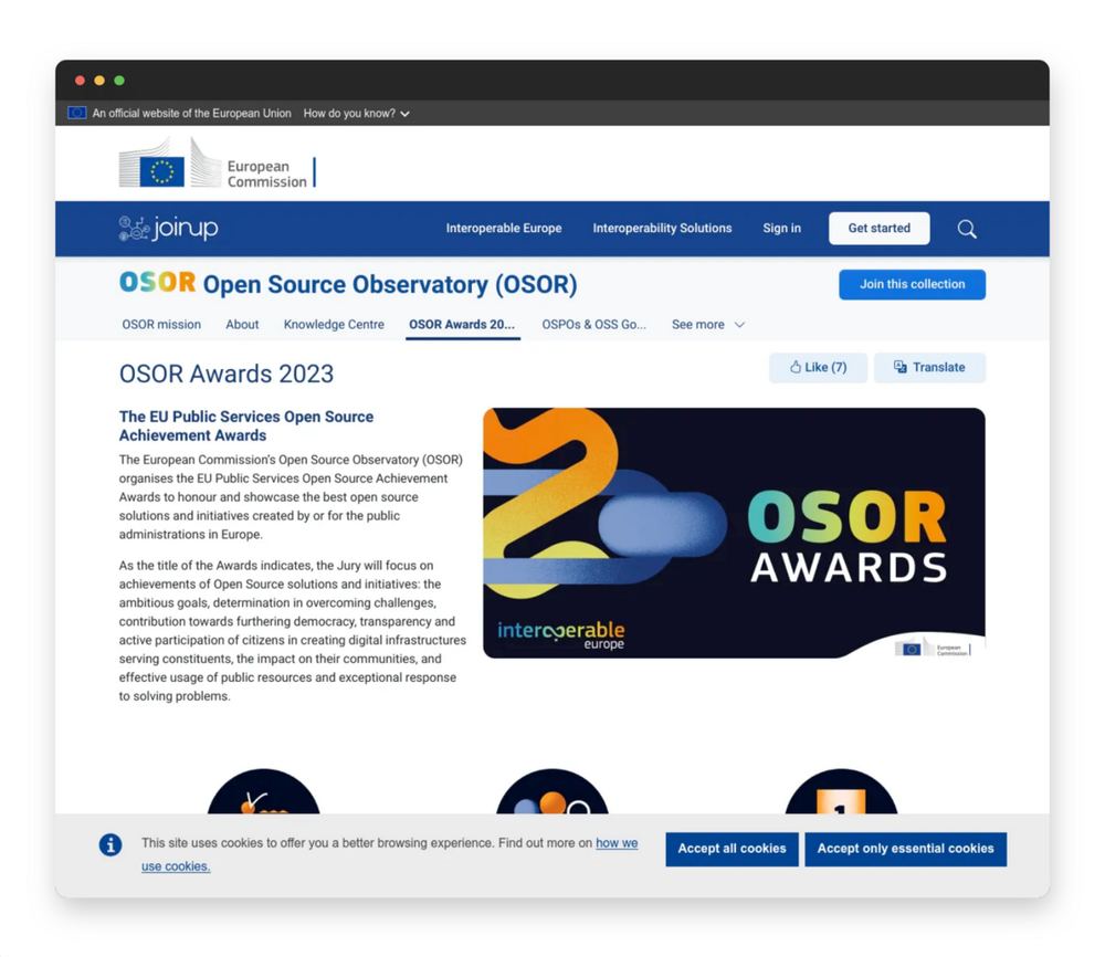 Capture d'écran du site pour le Open Source Observatory Award