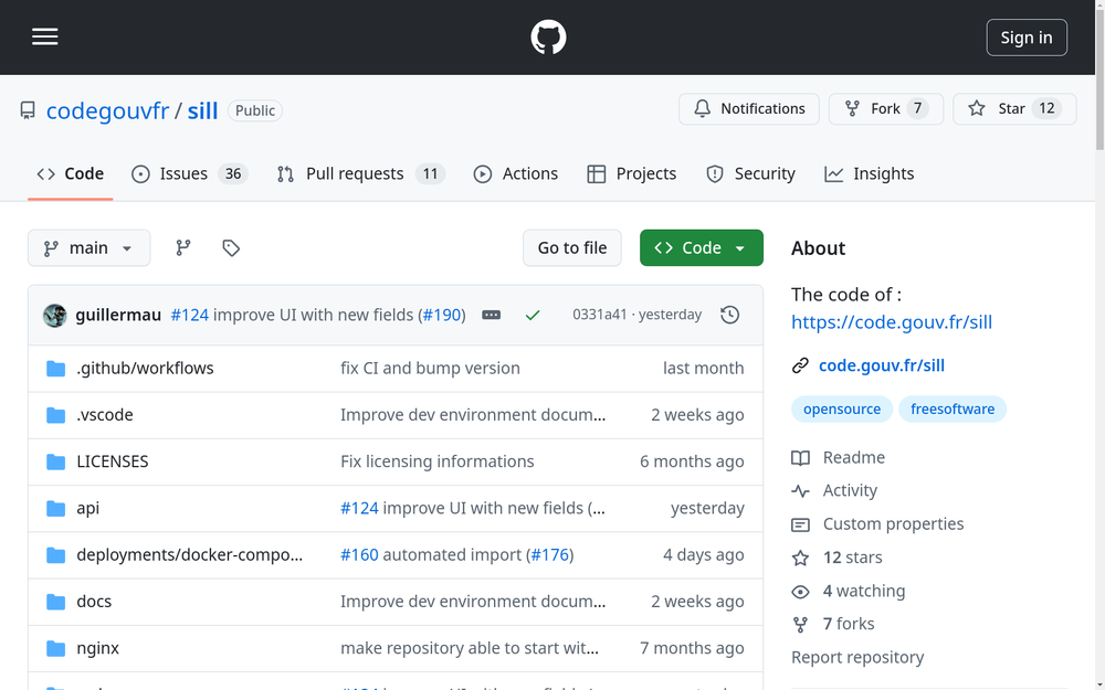 Capture d'écran du dépôt GitHub de l'application web du SILL