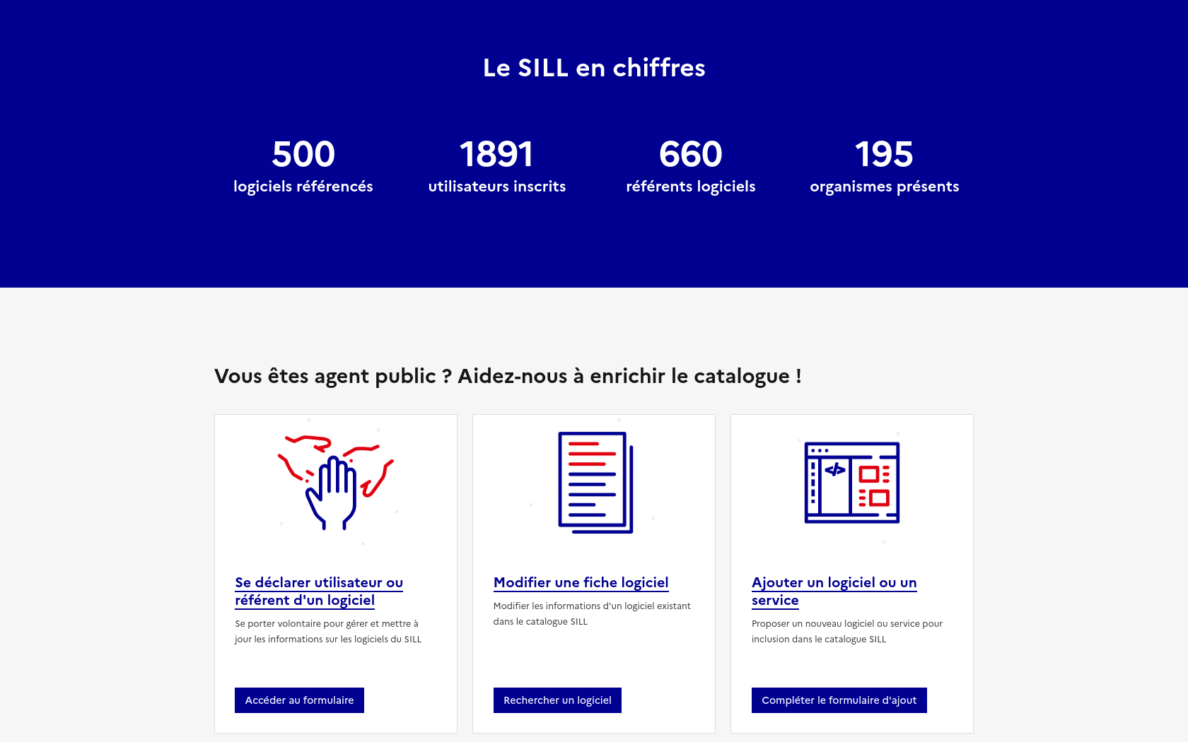 Capture d'écran du SILL effectuée le 26 novembre 2024, montrant 500 logiciels libres référencés, 1891 utilisateurs inscrits, 660 référents et 195 organismes représentés.